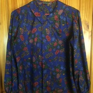 Vintage Hidden Button Dark Blue Pattern Blouse
